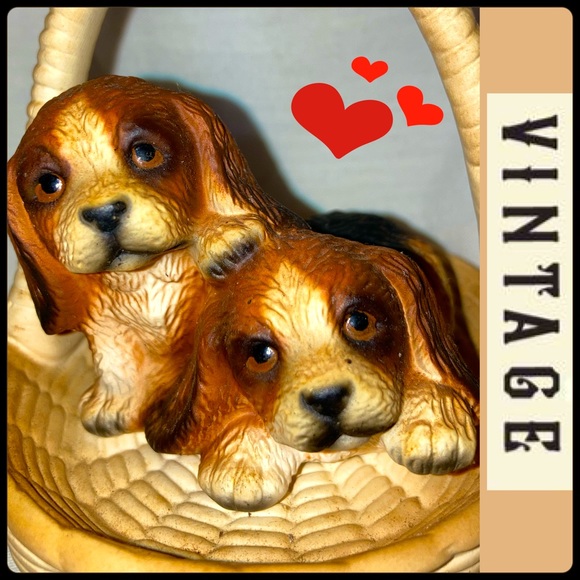 Vintage Beagle Puppies in a Wicker Basket Figurine Porcelain Japan